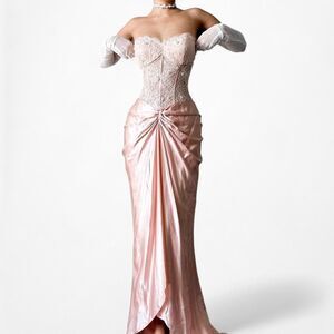 Vintage Silk Blend Pink Strapless Floral Beaded Lace Maxi Prom Dress Size M